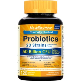 NewRhythm Probiotics 50 Billion CFU 20 Strains, 120 Veggie Capsules, Targeted Release Technology, Stomach Acid Resistant, No Need for Refrigeration, Pack of 1, Non-GMO, Gluten Free
