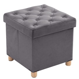 BRIAN & DANY Ottoman with Storage, Foldable Storage Ottoman Cube with Wooden Legs, Footstool for Living Room, Bedroom, Velvet Grey 15.7" x 15.7" x 15.7"