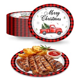 Aysimple 50 Pcs Christmas Oval Plates 10" x 12" Large Disposable 400 GSM Red Truck Trees Xmas Paper Plates for Winter Holiday Party Dinnerware Supplies Kitchen Table Decor