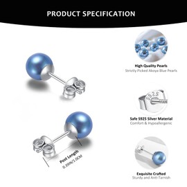 BAMIKI AKOYA Pearl Earrings, Saltwater Cultured Blue Pearl Perfectly Round, 925 Sterling Silver Stud Earrings Hypoallergenic, Jewelry Gifts for Women, 8-8.5mm