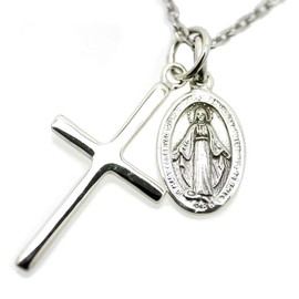 Silver One 925 Silver Miraculous Medal Virgin Mary & Cross Necklace Pendant Set with Chain Men's C1 [Length 19.7 inches (50 cm), Sterling Silver