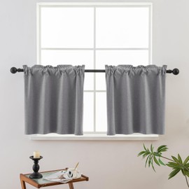 Pickluc Grey 100% Blackout Cafe Curtain 24 Inches Long, Linen Kitchen Curtain for Small Window Treatment in Bathroom, Basement, RVs, Rod Pocket 2 Panels, W30 X L24 Inch