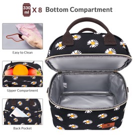 Hafmall Insulated Lunch Bag for Women, 9L Dual Compartment Lunch Cool Bag for Work School, Adult Lunch Bag with Shoulder Straps, Black+Daisy