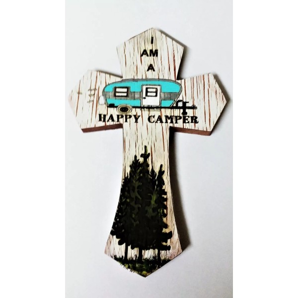 Wall cross, small, I am a happy camper, handmade, hand