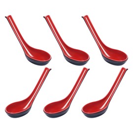 NUOMI Chinese Soup Spoons Won Ton/Rice Spoons, Asian Style Red&Black Spoon- Notch and Hook- 6 Pack Melamine Dinner Ware