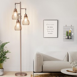 Ziisee Dimmable Floor Lamps for Living Room, Industrial Tree Standing Tall Lamps with 3 Elegant Cage Shade & 800 Lumens LED Bulbs for Bedroom Office - Brown