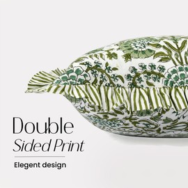 CPC Agate Green 100% Cotton Block Print Ruffle Sham Cover 14x36 inch, Handmade Boho Floral Pillowcase, Farmhouse Cottagecore Bedding, Soft Decorative Cushion Cover for Bedroom Décor