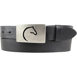 BELTINGER Children's Belt for Riders with Horse Head Belt Buckle Made of Full Cowhide Leather 3 cm Rider Belt 30 mm for Riding Breeches with Horse Motif, Black, antique silver, 60 cm (Gesamtlänge 75 cm)