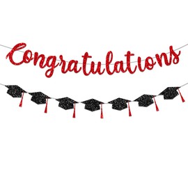 FHGG Pre Strung Congratulations Banner Graduation Decorations Class of 2025 Red Glitter Congrats Grad with Tassel Party Decor College High School Favors Black NO DIY