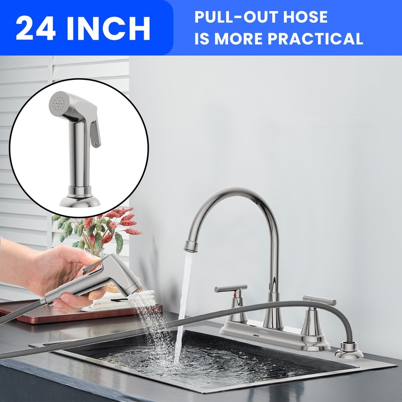 HURRAN 2-Handle Kitchen Faucet with Pull-Out Side Sprayer, 8 Inch