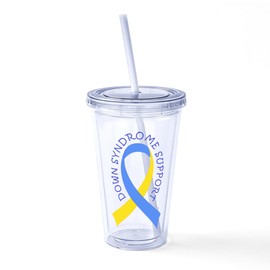 CafePress Down Syndrome Support Yellow Blue Ribbon Straw Tum 16 oz Insulated Straw Tumbler with Lid