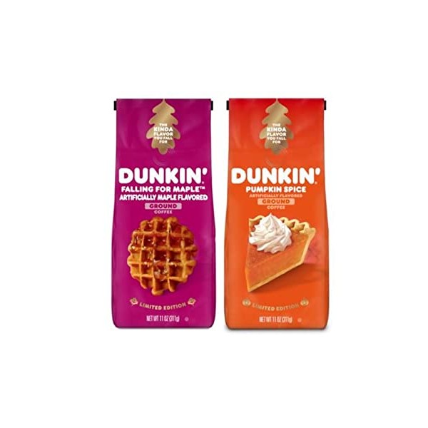 Treasures and Trinkets Dunkin Donuts Seasonal Limited Edition Ground Coffee Variety Pack - Pumpkin Spice Falling for Maple 11 oz Per Flavor 22 Total (Includes TnT Blue Non-Woven Tote Bag), ounces