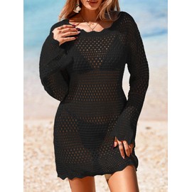 BreathSunny Womens Crochet Open Knit Long Sleeve Swimsuit Coverup Summer 2025 Boat Neck Wave Trim Mesh Swimwear Coverups Beach Swim Bikini Bathing Suit Cover Up Dress for Women Cover Ups Black XL