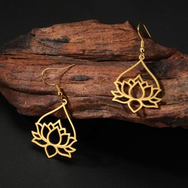 Dreamtimes Lotus Flower Dangle Earrings for Women Earrings with Healing Charms Yoga Unalome Symbol Amulet Stainless Steel Buddha Yoga Jewellery, Stainless Steel
