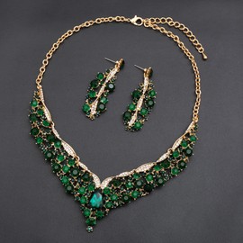 chaoyite Elegant Austrian Crystal V-Shaped Statement Necklace Earrings Set Bridal Wedding Prom Costume Jewelry For Bride Bridesmaid, Copper Alloy, Crystal Rhinestone