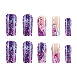 RUOKEXIN Medium Press on Nails Square Fake Nails Purple Ombre False Nails with Designs Sparkly Artificial Nails Medium Length Nail Press ons Cute Stick on Nails for Women 24Pcs