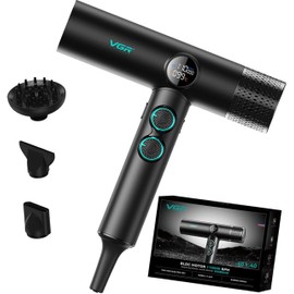 VGR 401 Negative Ionic Hair Dryer, Professional BLDC Motor Blow Dryer for Fast Drying, LED Display Low Noise Thermo and RPM-Control Hairdryer, Travel with Magnetic 1 Diffuser & 2 Nozzle, Black