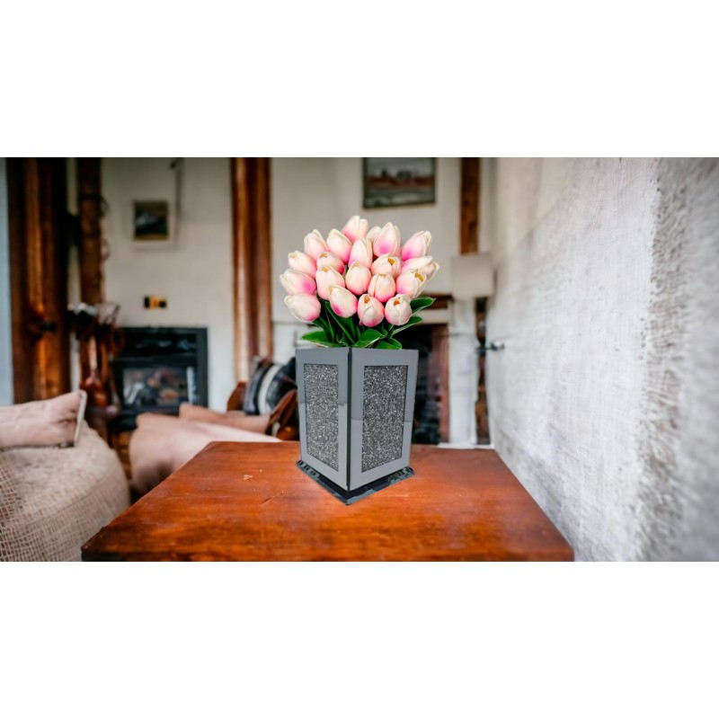 Crushed Diamond Silver Sparkle Square Flower Pot Vase with Floral