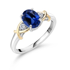 Gem Stone King 1.68 Cttw Blue Created Sapphire and Lab Grown Diamond Ring For Women | 2 Tone 10K Yellow Gold and 925 Sterling Silver | Available in Size 5,6,7,8,9