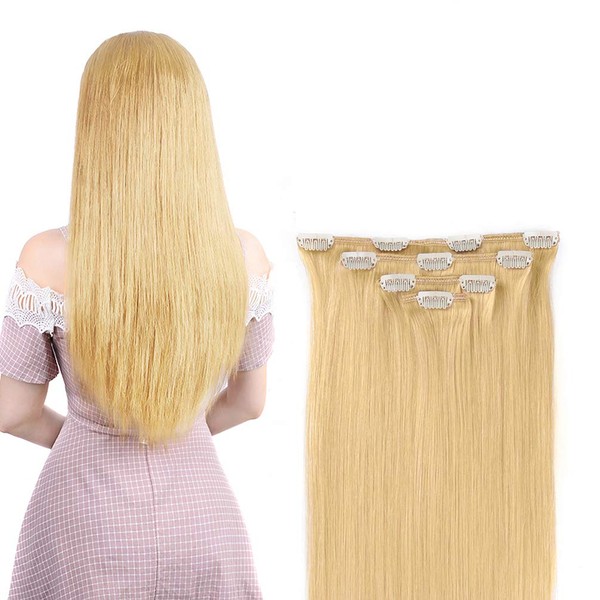 14" Clip in Hair Extensions Real Human Hair for Women - Silky Straight Human Hair Clip on 50grams 4pieces Bleach Blonde #613 Color