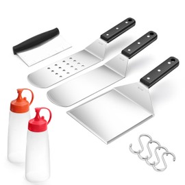 Joyfair Griddle Accessories Kit - 10Pcs, 18/10 Stainless Steel Flat Top Grill Tools Set, Commercial Rust-Free Spatulas for Outdoor BBQ Grilling Kitchen Cooking, Shiny Mirror Surface & Dishwasher Safe