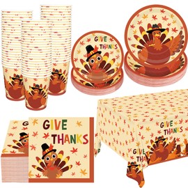 101 Pcs Thanksgiving Party Supplies Fall Thanksgiving Tableware Set Disposable Turkey Maple Leaves Paper Plate Cups Napkins Plastic Tablecloth for Fall Harvest Thanksgiving Party Decorations, Serve 25