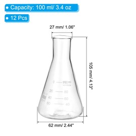 PATIKIL Erlenmeyer Flask, 12 Pcs 100ml 3.4oz Narrow Mouth Graduated Flasks Borosilicate Glass with Printed Graduation for Lab Experiment Chemistry Science Study