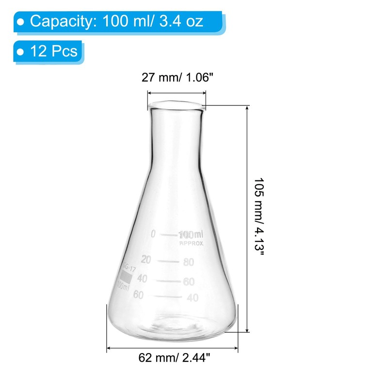 PATIKIL Erlenmeyer Flask, 12 Pcs 100ml 3.4oz Narrow Mouth Graduated