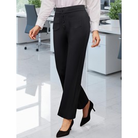 SEAJOJO Women's High Waisted Button Multiple Pockets Work Pants, Straight Leg Casual Stretchy Business Trousers Black