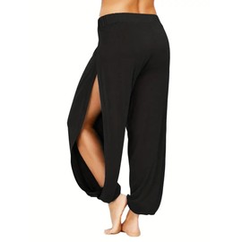Topjini Double High Slit Leg Pant for Women Solid Harem Pants Flowy Yoga Pants for Women Pilates Worout Beach Cover-Up Pants Black