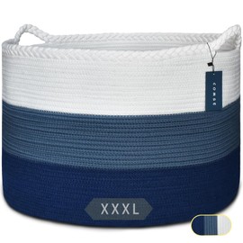 COMSE Extra Large Blanket Basket, Woven Laundry Basket, 21.7”x 13.8”, Nursery Hamper, Cotton Rope Laundry Hamper Living Room for Storage Toys Clothes Towels (White & Cadet Blue & Navy Blue)