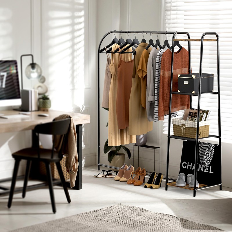 Simple Houseware Clothes Rack With Shelves, Black