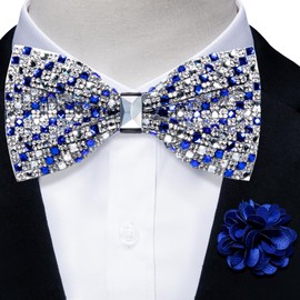 DiBanGu Rhinestone Bow Ties for Men Adjustable Sequin Diamond Pre-tied Bowtie with Ring and Lapel Pin Set for Wedding Party, Royal Blue and Silver