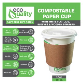 12 oz Compostable Paper Cups with White Flat Lids, Sleeves and Wooden Stirrers - Biodegradable Disposable White Paper Coffee Cups PLA Lined - Eco-friendly Hot and Cold Drinking Cups (25)
