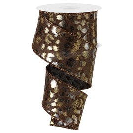 Wired Leopard Print Ribbon with Glitter and Metallic Spots for Animal Cheetah Themed Christmas Holiday Trees, Wreaths, Garlands, Gifts, Crafts, Bows (Dark Brown, Gold, Silver, 2.5" x 10 Yards)