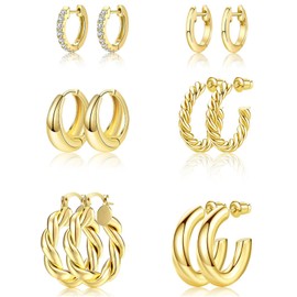 Trendy 6-Piece 14K Gold Plated Earrings Set, Chunky Geometric Hoops, Hypoallergenic and Non-Tarnish for Women, Fashion Accessories for Women, Lightweight Gold Jewelry Bundle.