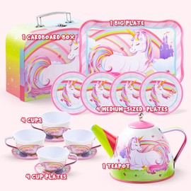 JOYIN Unicorn Tea Party Set for Little Girls, Pretend Pink Tin Teapot Set, Princess Tea Time Play Kitchen Toy with Teapot, Cup, Plate, Carrying Case for Kids Toddlers Age 3 4 5 6, Easter Birthday Gift