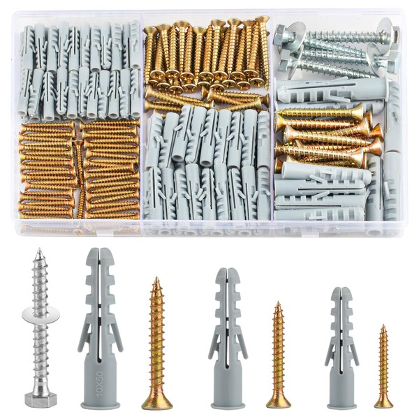 Set of 228 Screws Dowels Set, Plasterboard Dowel Screws Set,