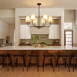 31.5" Dining Room Chandelier with Shades, Modern 6 Light Pendant Lights Kitchen Island Gold and Black Chandelier Light Fixture with Linen Fabric Shades for Living Room Foyer Kitchen Entryway Bedroom