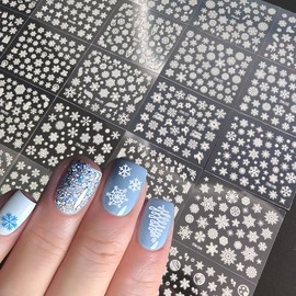 30Pcs Snowflake Nail Art Stickers Winter Christmas Nail Decals White Snowflakes Nails Designs 3D Self Adhesive Nail Supplies for Women DIY New Year Winter Holiday Manicure Decorations Accessories