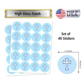40 pegatinas de cruz azul, etiquetas redondas brillantes de 2 pulgadas, bautismo temático, decoraciones de bautizo, comunión o baby shower, ideales para recuerdos de fiesta, etiquetas, juegos y suministros Fabricado en Estados Unidos