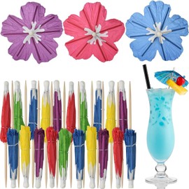 Haundry Cocktail Umbrella Picks, 25-Pack Drink Umbrella Toothpicks, Colorful Paper Cupcake Toppers for Luau Party Sandwich Fruit, Wooden Hibiscus Picks for Tropical Hawaiian Tiki Party Decoration