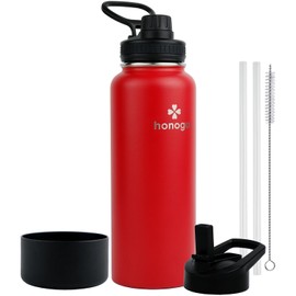 honogo 40 oz Double Wall Insulated Sports Water Bottle for Men, Women & Kids, 18/8 Stainless Steel Wide Mouth Thermal Flask with Straw Lid & Spout Lid, Leak Proof, Keep Hot and Cold (Red, 40 oz)