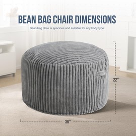 Hobestluk 3ft Bean Bag Chairs for Adults Large Beanbag Chair with Stripe Plush Cover Big Bean Bag Chair for Living Room Bedroom Dorm Office - Grey (36” x 36” x 22”)