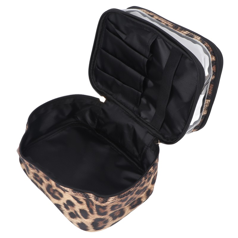 Double Layer Cosmetic Bag PVC Leopard Print Design Portable Large
