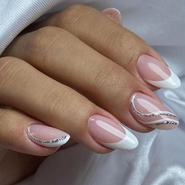 White French Tip Press on Nails with Silver Glitter Line Designs Short Almond Fake Nails Acrylic False Nails Press ons Full Cover Glossy Glue on Nails Stick on Nails for Women Nails Decorations 24 Pcs