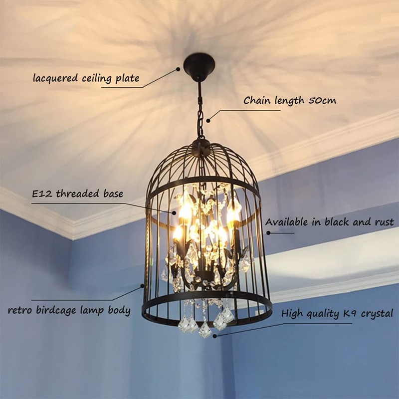 LUOLAX Industrial Vintage Lighting Fixture Black Finish Metal Birdcage Crystal