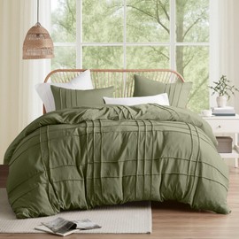 Comfort Spaces Olive Green King Size Duvet Cover Set - 3-pc Pintuck Pleated Duvet Cover & Shams, King, All Season Lightweight, Extra Softness Pre-Washed Microfiber
