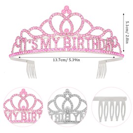 Pruadeor Geburtstagskrone Set, Damen Pink Strass Tiara Krone mit "It's my Birthday" & Glitzer Schärpe, Geburtstagsparty Accessoires