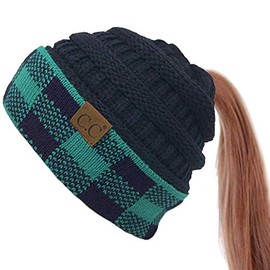 C.C BeanieTail Cable Knit Messy High Bun Ponytail Cuff Beanie Hat, Buffalo Checkered Hunter Green/Navy
